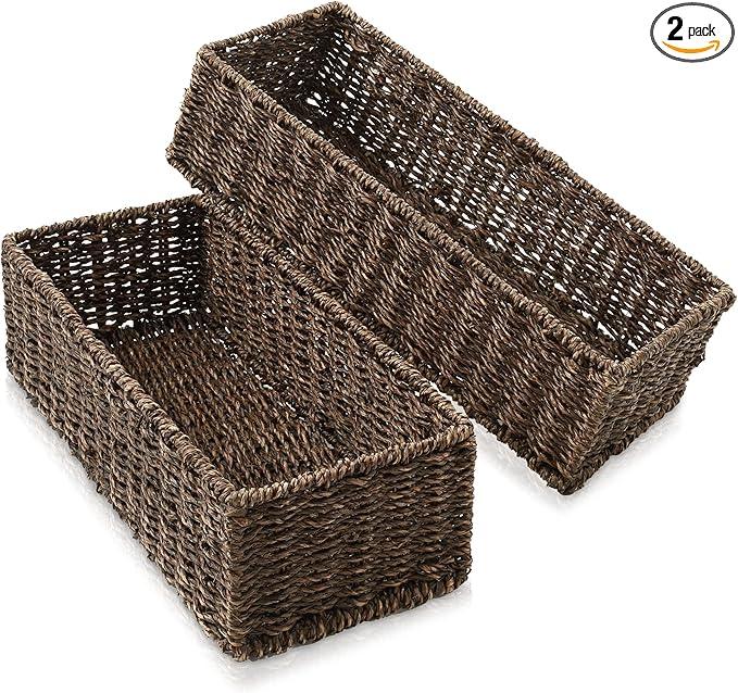 Casafield Set of 2 Bathroom Storage Baskets, Espresso - Seagrass, 16" W x 6.75" D x 4.25" H, Woven Toilet Tank Topper Bins for Organizing Tissues, Toilet Paper, Toiletries, Shelves - ModernBath