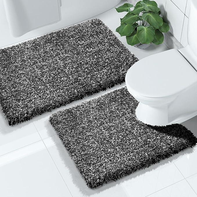 Yimobra Bathroom Rugs Sets 2 Piece, Soft Absorbent Bath Mat and U-Shaped Toilet Rug with Non Slip Backing, Machine Washable, Plush Shaggy Bath Mats for Bathroom, 32"x20"+24"x20", Black and White - ModernBath
