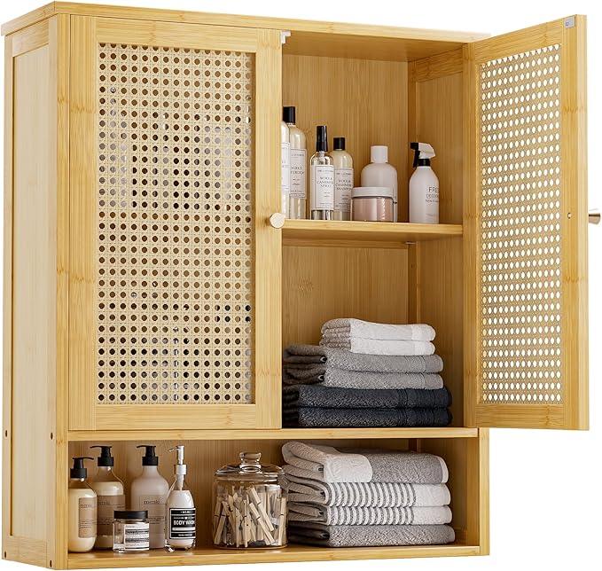 Bathroom Wall Cabinet, Bamboo Over-The-Toilet Storage Organizer with 2 Rattan Doors and Adjustable Shelf, Space Saver Medicine Cabinet for Laundry, Kitchen, Living Room (Natural) - ModernBath