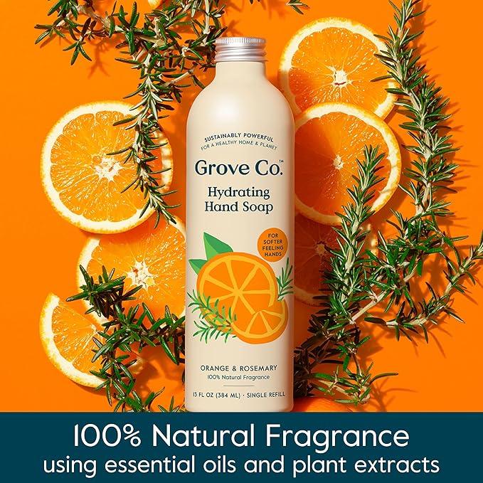 Grove Co. Hydrating Gel Hand Soap Refills (2 x 13 Fl Oz) + 1 x Reusable Glass Soap Dispenser, Plastic-Free & Liquid Refillable Starter Kit, Natural Orange & Rosemary Fragrance - ModernBath