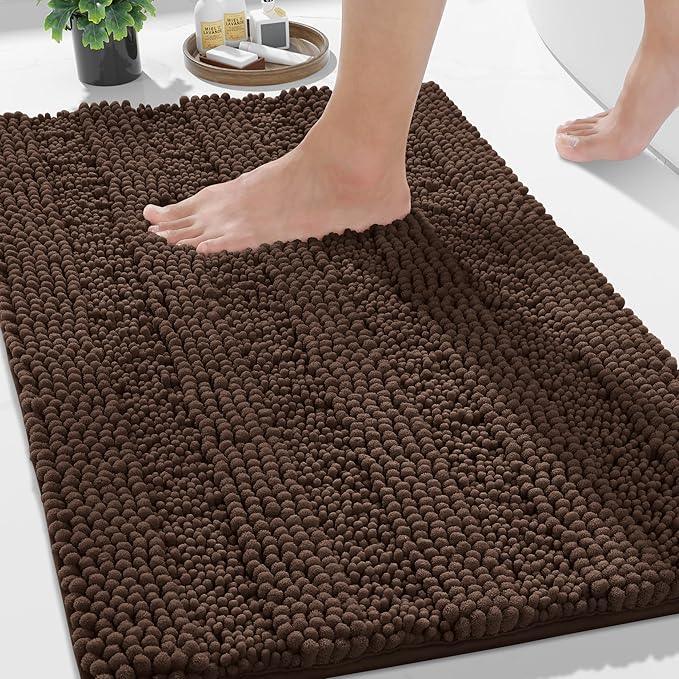 Yimobra Bathroom Rug Mat, Non Slip and Super Absorbent Bath Mat, Machine Washable Quick Dry, Ultra Plush Chenille Shower Rugs for Bathroom Floor Sink Tub and Shower Outside, Brown, 24 x 17 - ModernBath