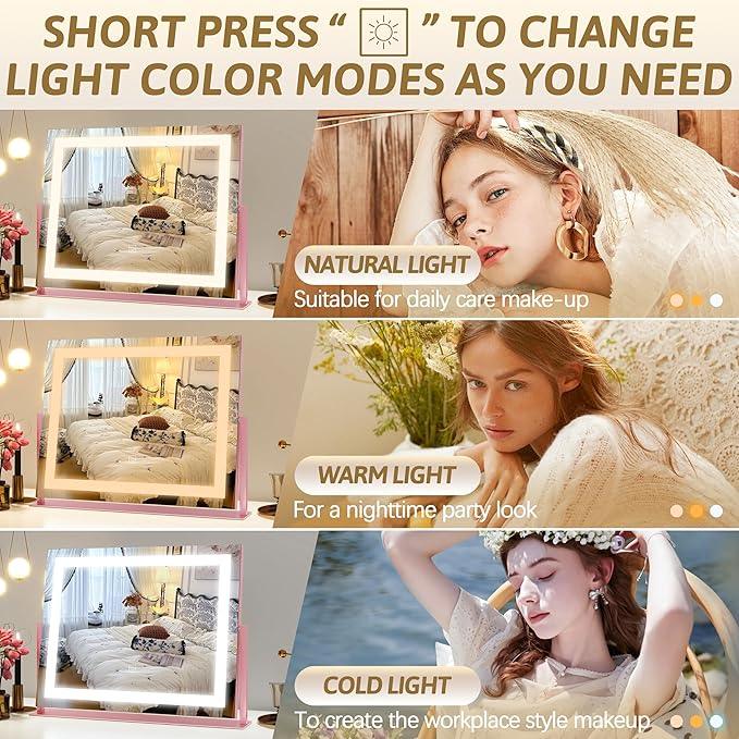 ROLOVE Pink Vanity Mirror with Lights 22"x18", Lighted Makeup Mirror with 10X Magnification, Smart Touch 3 Colors Dimmable, 360° Rotation, Gift for Teens - ModernBath