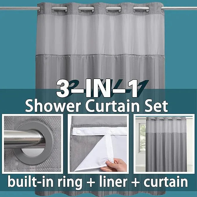 Conbo Mio No Hook Waffle Weave Shower Curtain with Snap in Liner Set, Hotel Luxury Grey Shower Curtains for Bathroom with See Through Top Window, Waterproof, Washable 71W x 74H Stripe - ModernBath