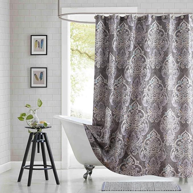 BESTRIPES 90 Inch Extra Long Shower Curtain, Gray Bath Curtain with Purple Baroque Medallions, Waterproof Hotel Quality Fabric, 72" W x 90" H - ModernBath