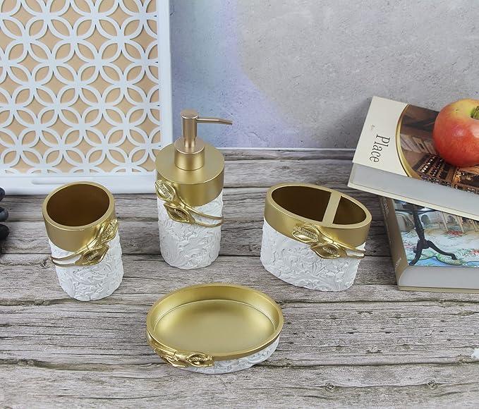 Hymmah Bathroom Accessories Set,Golden Design Toothbrush Holder,Farmhouse Bathroom Decor,4 Pcs Resin Gift Set Apartment Necessities, Contain Toothbrush Cup,Soap Dispenser,Soap Dish,Tumbler - ModernBath