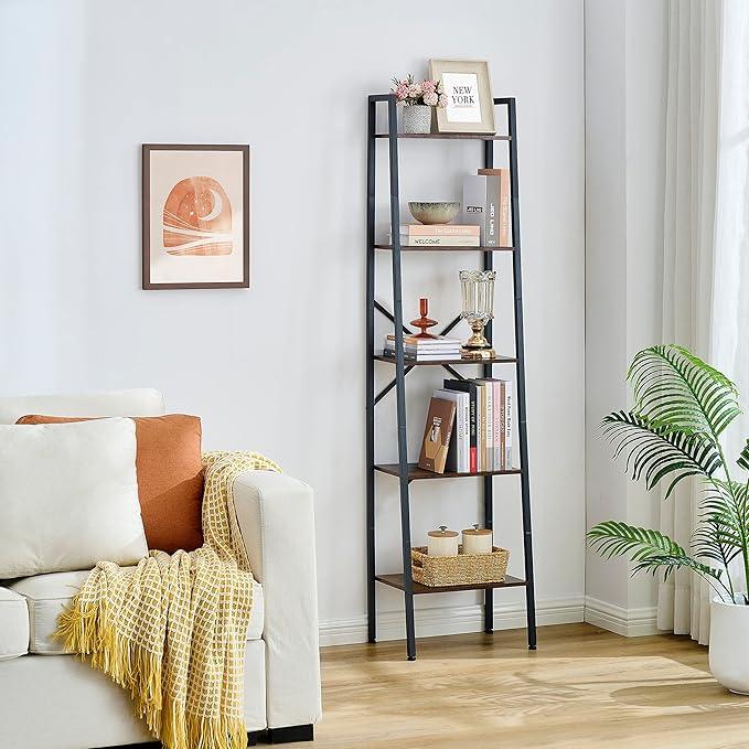 Hoctieon Industrial Ladder Bookshelf, Multifunctional Ladder Shelf, 5-Tier Tall Bookshelf, Open Ladder Shelf Bookcase, for Living Room, Home Office, Kitchen, Bedroom, Metal Frame, Rustic Brown - ModernBath