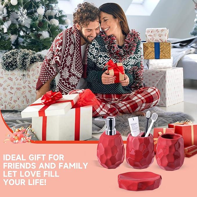 Ceramic Bathroom Accessories Set 4 PCS,Bathroom Toothbrush Holder Set,Soap and Toothbrush Holder Set,Include Toothbrush Holder,Soap Dispenser,Tumbler,Soap Dish,Bathroom Sets Decor Organizer (Red) - ModernBath