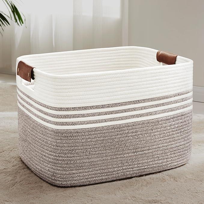 86L Extra Large Laundry Basket with Leather Handles for Living Room Storage, Woven Rope Baskets for Blanket, Kids Toy, Gifts, Wicker Hamper for Bedroom Dirty Clothes, 24"x16"x14" Dark Brown - ModernBath