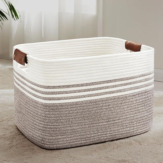 86L Extra Large Laundry Basket with Leather Handles for Living Room Storage, Woven Rope Baskets for Blanket, Kids Toy, Gifts, Wicker Hamper for Bedroom Dirty Clothes, 24"x16"x14" Dark Brown - ModernBath