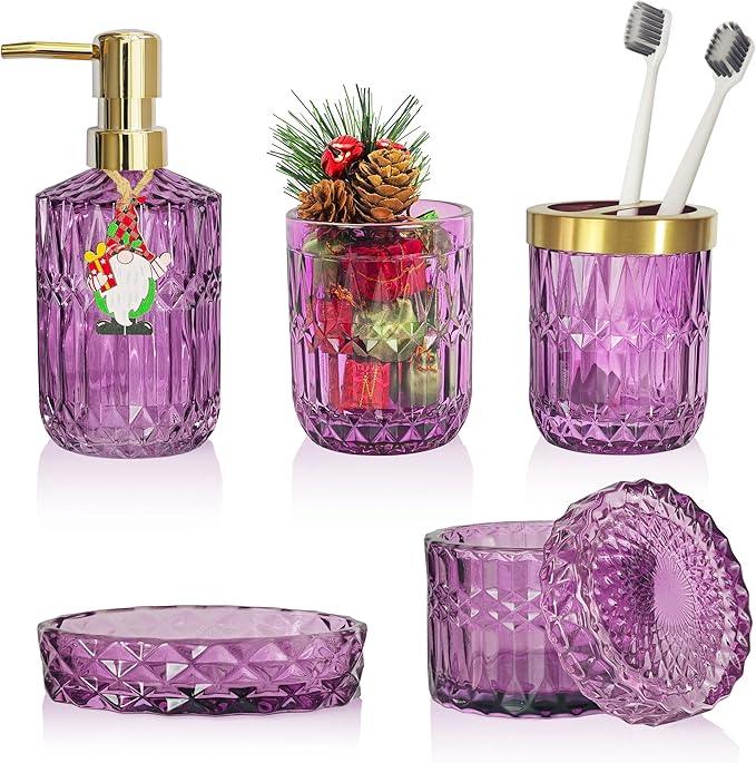 LaMarriti Purple Bathroom Accessories Set, 5Pcs Clear Glass Bathroom Set, Soap Dispenser, Toothbrush Holder Set, Soap Dish, Qtip Holder, Tumbler for Vintage Crystal Bathroom Decor, Gift Set (Violet) - ModernBath