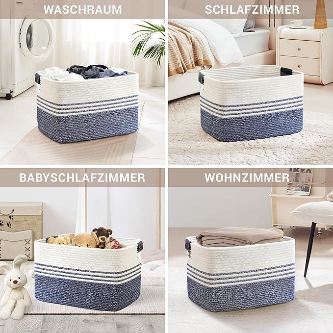 86L Extra Large Laundry Basket with Leather Handles for Living Room Storage, Woven Rope Baskets for Blanket, Kids Toy, Gifts, Wicker Hamper for Bedroom Dirty Clothes, 24"x16"x14" Denim Blue - ModernBath