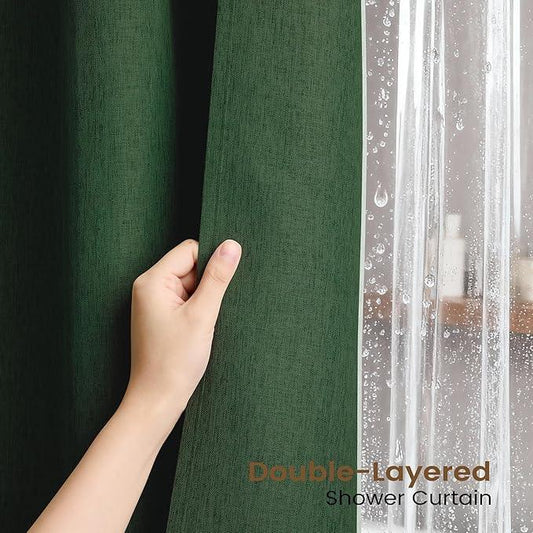 BTTN 3 in 1 Shower Curtain Set, Emerald Green Linen Textured Fabric Shower Curtain and Clear Liner Set with Plastic Hook, Modern Hotel Luxury Weighted Waterproof Shower Curtain for Bathroom, 72x72 - ModernBath
