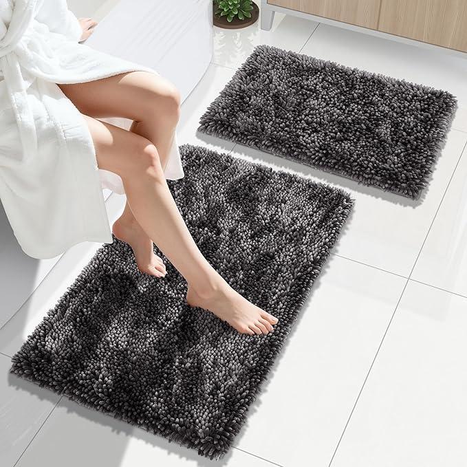 Yimobra Bathroom Rug Set 2 Piece, Luxury Shaggy Bath Mat Set with Non Slip Backing, Ultra Soft & Absorbent Mats for Bathroom Floor, Machine Washable, 31.5"x20"+24"x17", Dark Grey - ModernBath