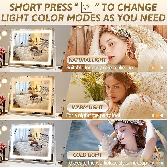 ROLOVE Vanity Mirror with Lights 22"x18", Lighted Makeup Mirror with 10X Magnification, Smart Touch 3 Colors Dimmable, 360° Rotation, Women Gift, Dresser Mount, Bathroom (White) - ModernBath