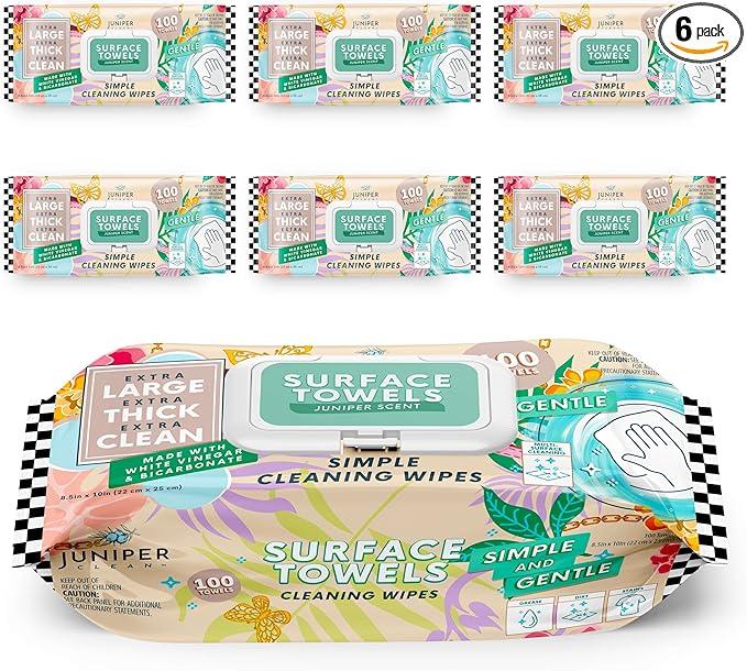 Juniper CLEAN 6 Packs Surface Cleaning Wipes Bleach Free, Thick & Large Dispose, All-Purpose Cleaner for Bathroom, Kitchen, Office, 600 Count Soft Flow, Biodegradable, Juniper Scent - ModernBath