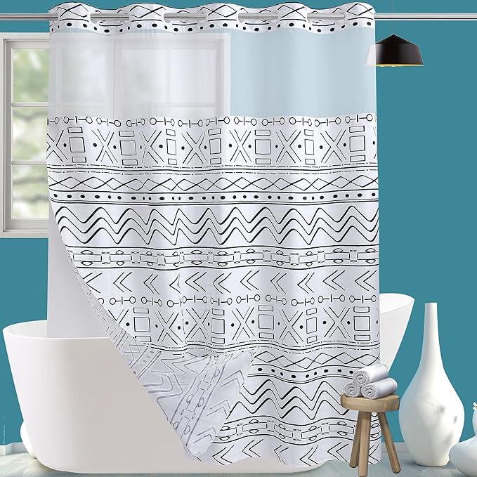 Conbo Mio Extra Long No Hook Boho Shower Curtain with Snap in Liner Set, Hotel Luxury White Shower Curtains for Bathroom with See Through Top Window, Waterproof, Washable 71W x 84H - ModernBath