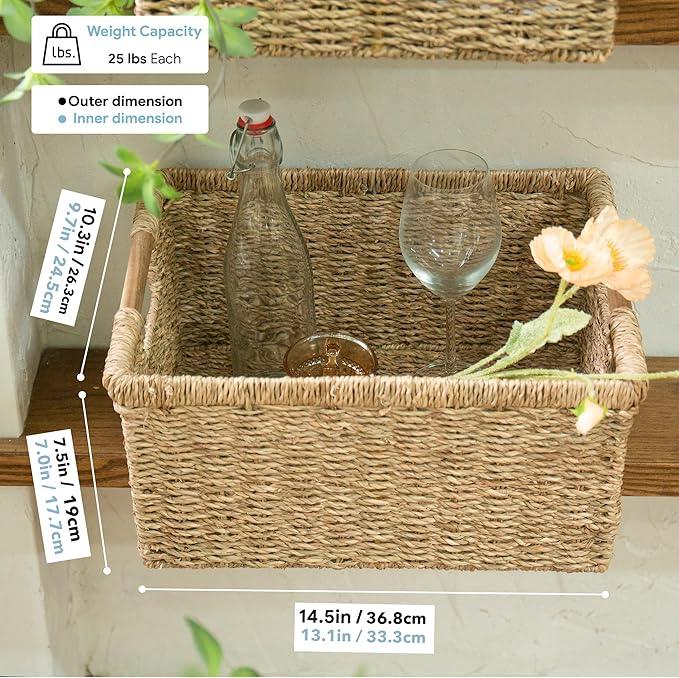 Large Wicker Storage Basket with Wooden Handles, Seagrass Basket for Shelves, Natural Wicker Bin With Handle for Storage 14.5 x 10.3 x 7.5 inches - ModernBath