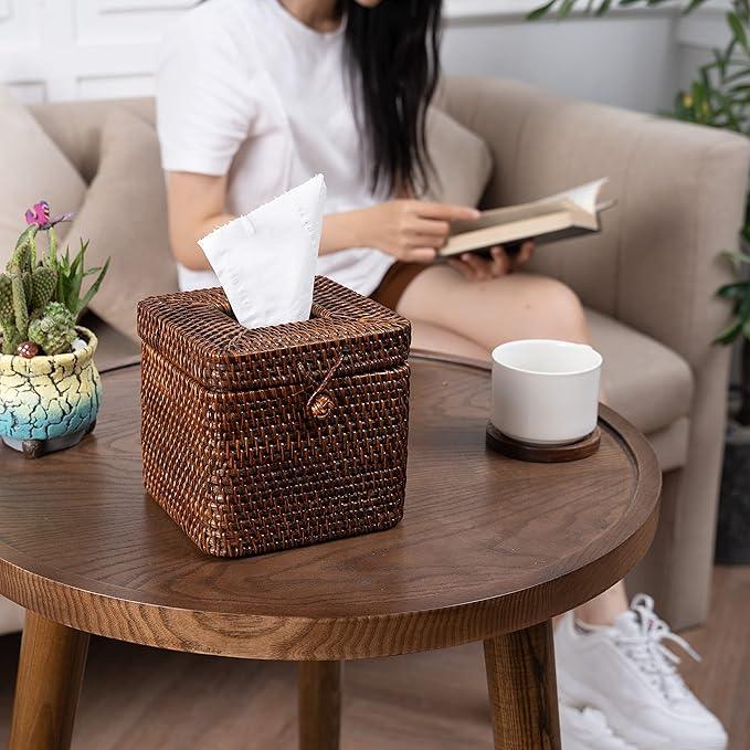 Rattan Square Tissue Box Cover- 5.7" x 5.7" x 5"-Decorative Woven Facial Tissue Holder with Hinged Top Lid- Facial Box for Home, Office,Bathrooms, Decoration (Coffee) - ModernBath