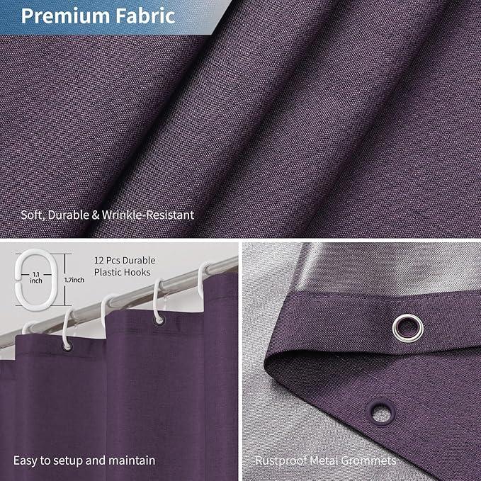 THAIGEE 2-in-1 Waterproof Fabric Shower Curtain or Liner,Linen Textured,Breathable TPU & Washable Bathroom Shower Curtain Set with 12 Plastic Hooks,Modern,72"x72" Purple - ModernBath