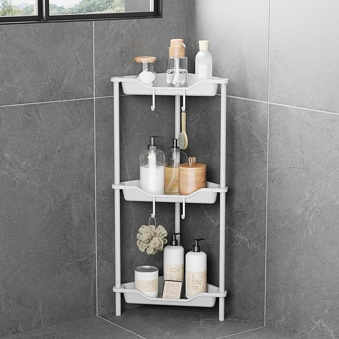 3 Tier Corner Shower Caddy Standing Floor Standing Corner Shower Caddy Organizer Shower Table Plastic Metal Splicing Shelf Storage Rack for Bathroom White- Rustproof - ModernBath