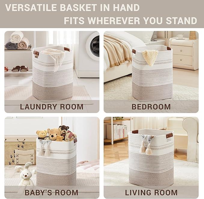 85L Tall Laundry Hamper with Handles for Living Room Storage, Extra Large Woven Rope Baskets Bin for Blanket, Kids Toy, Gifts, Wicker Hamper for Bedroom Dirty Clothes, 17"x14"x22" White Brown - ModernBath