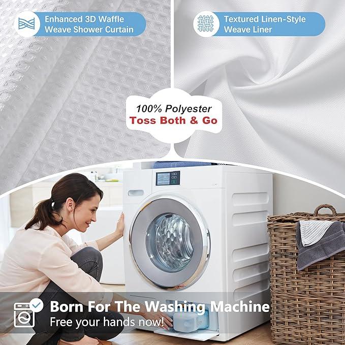 VANZAVANZU Luxury 3 in 1 Shower Curtain Set 3D Textured Waffle Weave Bathroom Curtain with Waterproof SGS Certified Fabric Liner & 12 Anti-Fall Stainless Steel Hooks, Machine Washable 72"x84" (White) - ModernBath