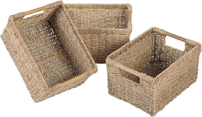 Natural Seagrass Basket with Wooden Handle, Medium Rectuangular Wicker Basket for Living Room 12.2 x 8.9 x 6.7 inches - 3 Pack - ModernBath