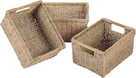 Natural Seagrass Basket with Wooden Handle, Medium Rectuangular Wicker Basket for Living Room 12.2 x 8.9 x 6.7 inches - 3 Pack - ModernBath