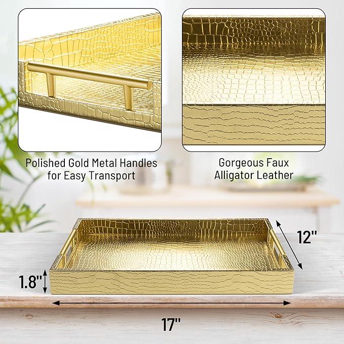 ATZYmolin 17" x 12" Wood Serving Tray with Gold Polished Metal Handles, Home Decorative Wooden Rectangle Ottoman Leather Decor Platter Bathroom Vanity Tray for All Occasions Alligator Gold - ModernBath