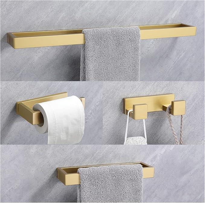 Lairuier Bathroom Hardware Accessories Set, Brushed Gold 4-Piece Bathroom Hardware Set Including Towel Bar,Towel Holder, Toilet Paper Holder, Towel Hook, Stainless Steel Bath Towel Bar Set - ModernBath