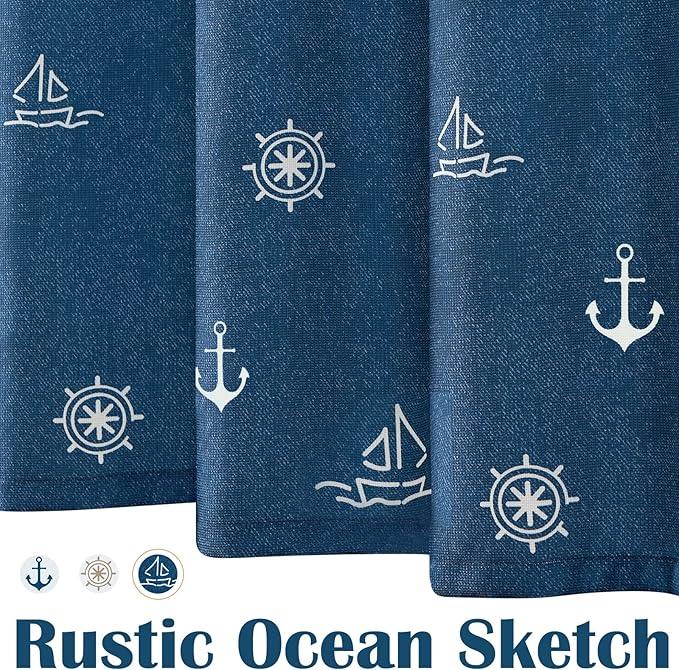 jinchan White and Navy Blue Nautical Shower Curtain Kids Cartoon Printed Waterproof Fabric Shower Curtains for Bathroom Ocean Sailboat Simple in Bath with 12 Hooks 70x72 Inches - ModernBath