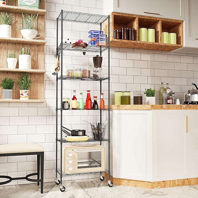 Homdox 6-Tier Storage Shelf Wire Shelving Unit Free Standing Rack Organization with Caster Wheels, Stainless Side Hooks, Black - ModernBath