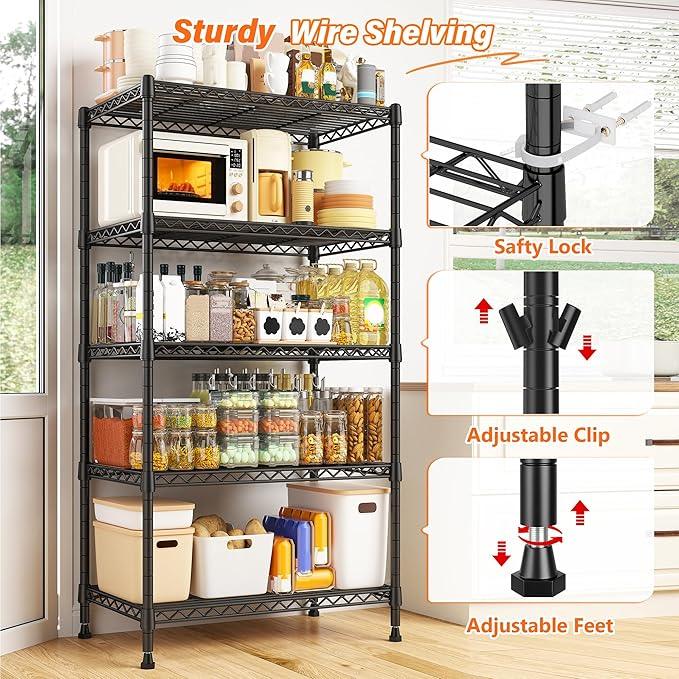 REIBII Metal Shelving 5 Tier Wire Sturdy Storage Shelves Adjustable Steel Organizer Wire Rack for Kitchen Laundry Room Commercial School Storage Room Black 63“Hx 21.65“L x 11.8”D - ModernBath
