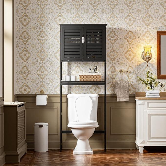 SMIBUY Bathroom Over The Toilet Storage Cabinet, 2 Door Bamboo Cabinet Organizer, Freestanding Space Saver Toilet Rack with Adjustable Inside Shelf and Open Shelf (Black) - ModernBath
