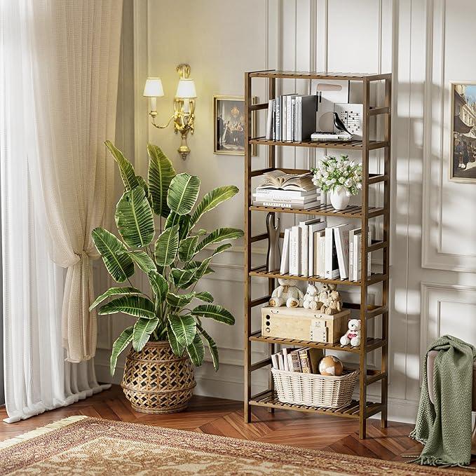 HITNET Bookcase, Bamboo Bookshelf, 6-Tier Adjustable Tall Open Book Shelf, Free Standing Storage Shelves Organizer, Flower Plant Display Stand, Walnut - ModernBath