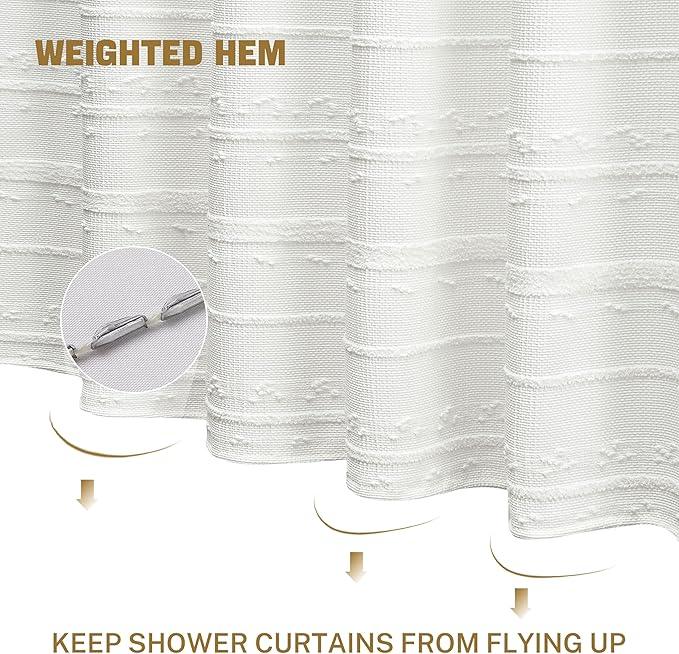 Lameirose Extra Long Farmhouse White Shower Curtain Boho, 72 x 84 Cotton Blend Tufted Weave Waffle Stripe Textured Heavy Duty, Fabric Shower Curtain for Bathroom, Hotel - ModernBath