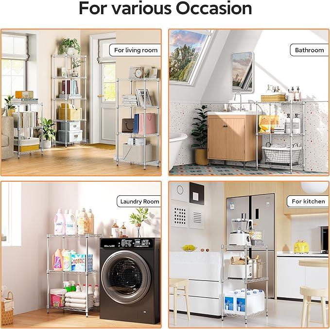 3 Tiers Shelf Metal Storage Shelves Wire Rack Closet Organizers with Wheel for Garage Kitchen Bathroom Laundry Chrome 11.8" D x 17.7" W x 28.8" H - ModernBath