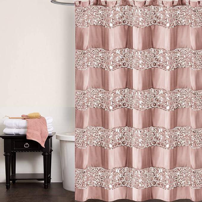 Zahari Home 13pc Sinatra Bathroom Shower Curtain Set - Blush Luxury Fabric With 12 Hooks - Unique Design Bling - ModernBath
