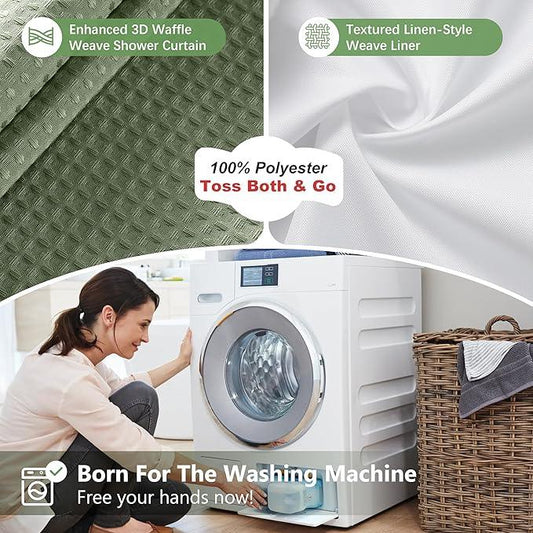 VANZAVANZU Luxury 3 in 1 Shower Curtain Set 3D Textured Waffle Weave Bathroom Curtain with Waterproof SGS Certified Fabric Liner & 12 Anti-Fall Stainless Steel Hooks, Machine Washable 72"x78" (Green) - ModernBath