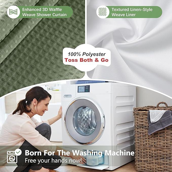 VANZAVANZU Luxury 3 in 1 Shower Curtain Set 3D Textured Waffle Weave Bathroom Curtain with Waterproof SGS Certified Fabric Liner & 12 Anti-Fall Stainless Steel Hooks, Machine Washable 72"x72" (Green) - ModernBath