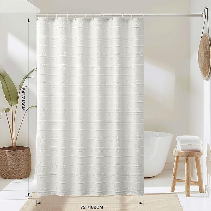 Lameirose Extra Long Farmhouse White Shower Curtain Boho, 72 x 84 Cotton Blend Tufted Weave Waffle Stripe Textured Heavy Duty, Fabric Shower Curtain for Bathroom, Hotel - ModernBath