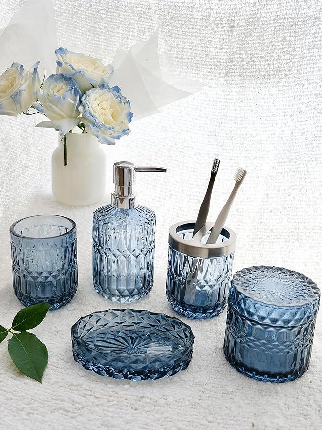 LaMarriti Blue Bathroom Accessories Set, 5Pcs Clear Glass Bathroom Accessories, Hand Soap Dispenser, Soap Dish, Toothbrush Holder Set, Qtips Holder for Crystal Vintage Bath Countertop Decor, Gift Set - ModernBath