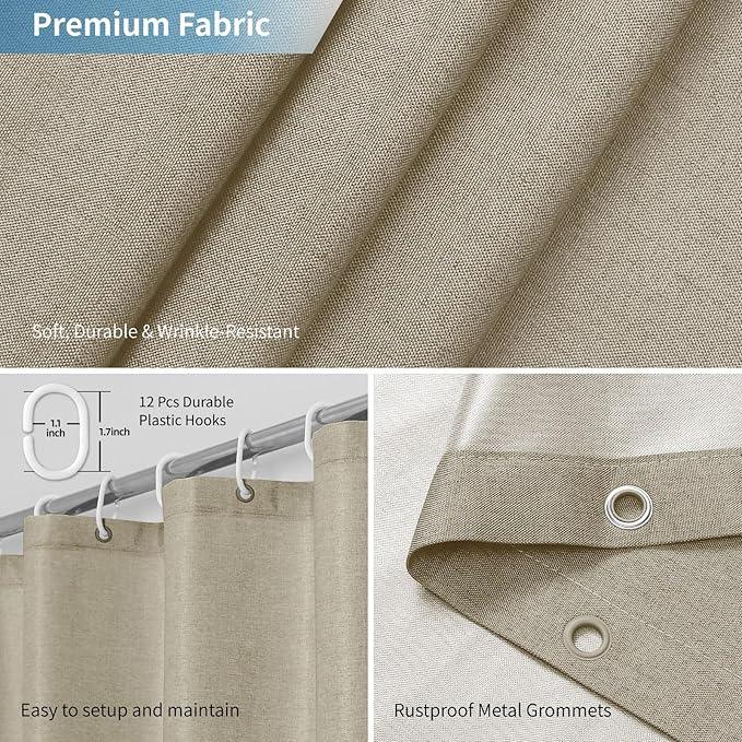 THAIGEE 2-in-1 Waterproof Extra Long Fabric Shower Curtain or Liner,Linen Textured,96 Inch Breathable TPU & Washable Bathroom Shower Curtain Set with 12 Plastic Hooks,Modern,72"x96" Khaki - ModernBath