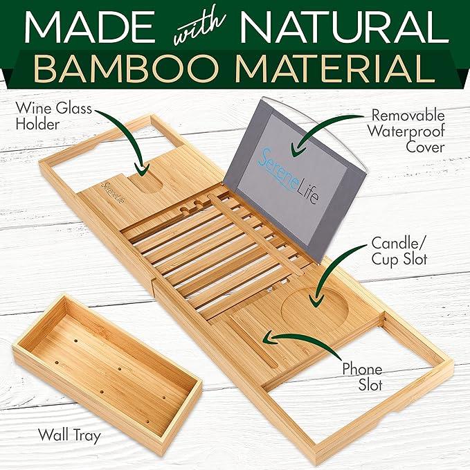 SereneLife Luxury Bamboo Bathtub Caddy Tray - Adjustable Natural Wood Bath Tub Organizer with Wine Holder, Cup Placement, Soap Dish, Book Space & Phone Slot for Spa, Bathroom & Shower - SLBCAD20 - ModernBath