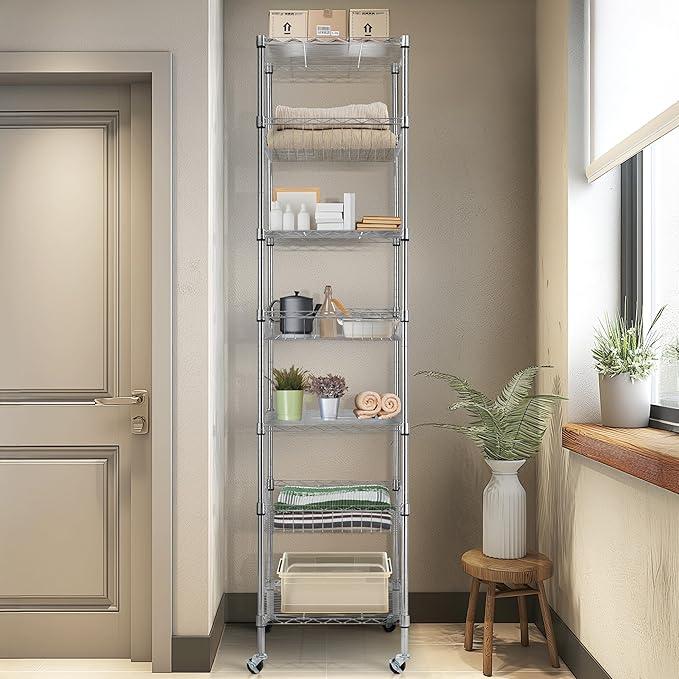Finnhomy Heavy Duty 7 Tier Wire Shelving Unit with Wheels 18x18x78.8-inches 7 Shelves Metal Storage Rack Thicken Steel Tube, Adjustable Shelving Rack for Kitchen Bathroom Office, NSF Certified, Chrome - ModernBath