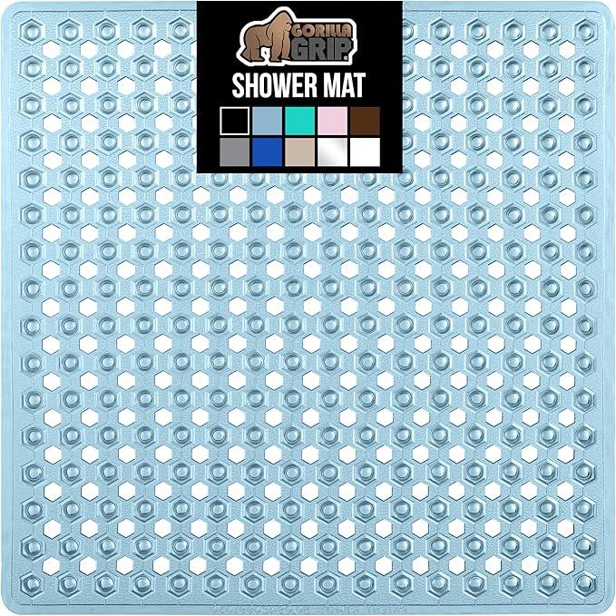 GORILLA GRIP Patented Square Shower Stall Mat, Small Bathtub Floor Mats for Stand Up Showers with Suction Cups and Drainage Holes, Machine Washable, Soft on Feet, Bathroom Accessories 21x21 Inch, Blue - ModernBath