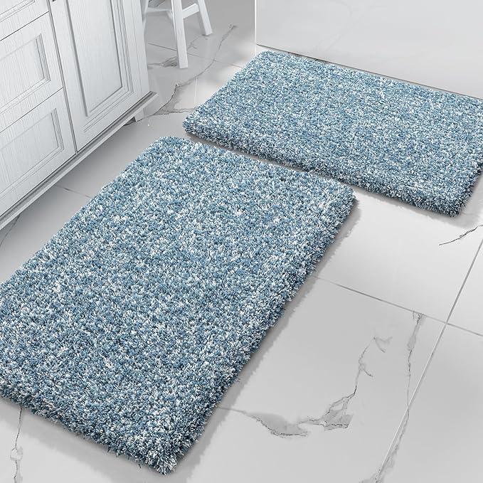 Yimobra Bathroom Rug Set 2 Piece, Soft Absorbent Microfiber Bath Mat Set, Non Slip Machine Washable Dry, Plush Shaggy Shower Rugs for Bathroom Floor, 32"x20"+24"x17", Denim Blue and White - ModernBath