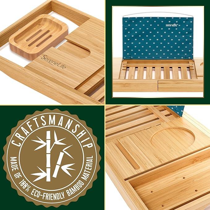 SereneLife Premium Bathtub Tray Caddy with Gift Box and Bow Set, Expandable Bath Tray, Unique House Warming Gifts for Mom, Women, Wedding, Anniversary, Bridal Shower, Fit for All Tub - Classic - ModernBath