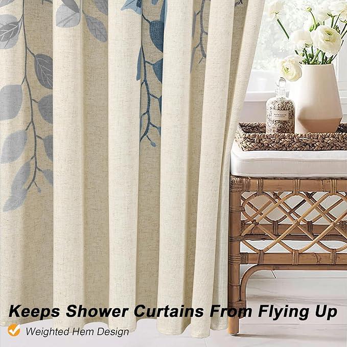 BOODII Blue Eucalyptus Leaves Shower Curtain Set with Hooks Linen Shower Curtain for Bathroom Watercolor Floral Plant Leaf for Bath Natural Waterproof Fabric Bathroom Decor, 72x72 - ModernBath
