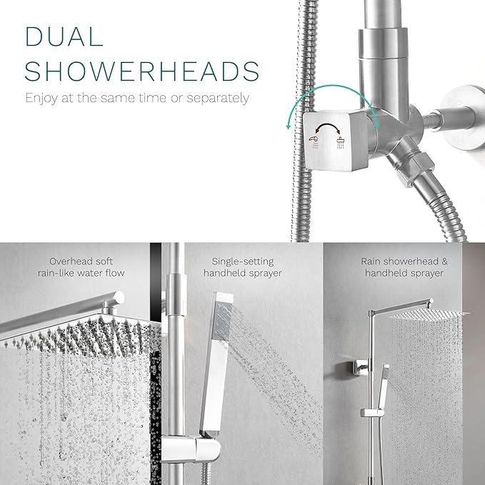Fennocasa Polaris Lux Rain Shower System, includes 10” Square Rainfall Shower Head and Handheld Shower Combo, Height Adjustable Spray Holder, Retrofit, 60” Hose (2.5 GPM Chrome) - ModernBath